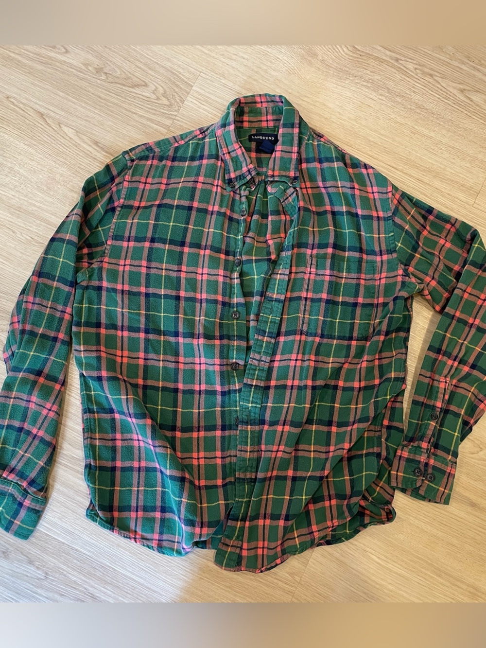 Lands' End Green and Pink Plaid Button-Down Shirt